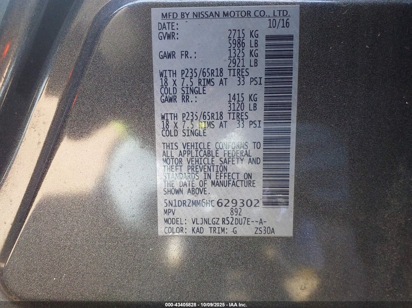 2017 NISSAN PATHFINDER SL 5N1DR2MM6HC629302