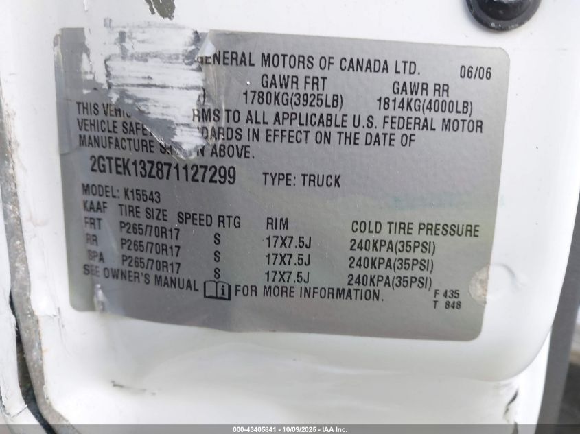 2007 GMC Sierra 1500 Classic Sle2 VIN: 2GTEK13Z871127299 Lot: 43405841