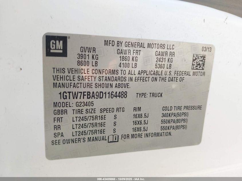 2013 GMC Savana 2500 Work Van VIN: 1GTW7FBA9D1164488 Lot: 43405868