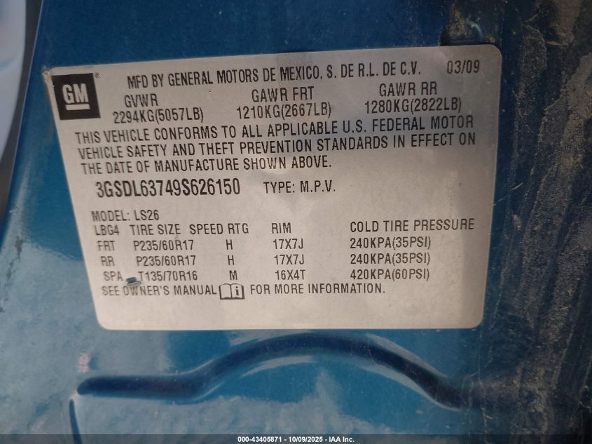 2009 Saturn Vue V6 Xr VIN: 3GSDL63749S626150 Lot: 43405871