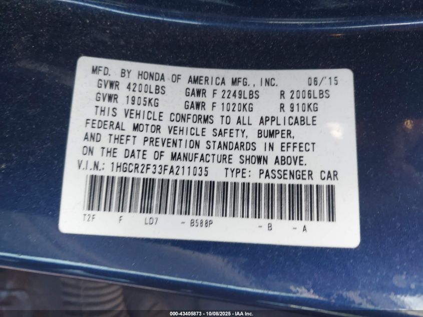 2015 Honda Accord Lx VIN: 1HGCR2F33FA211035 Lot: 43405873
