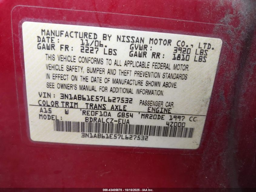 2007 Nissan Sentra 2.0 VIN: 3N1AB61E57L627532 Lot: 43405878