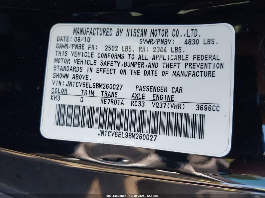 2011 Infiniti G37X VIN: JN1CV6EL9BM260027 Lot: 43405887