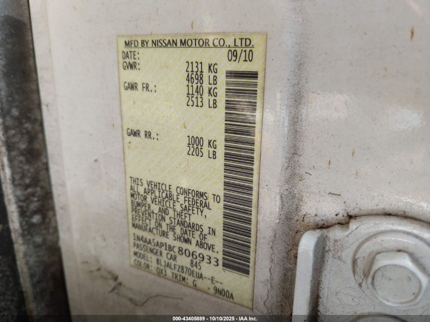 2011 Nissan Maxima 3.5 Sv VIN: 1N4AA5AP1BC806933 Lot: 43405889