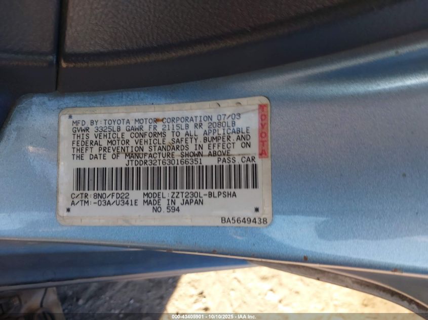 2003 Toyota Celica Gt VIN: JTDDR32T630166351 Lot: 43405901