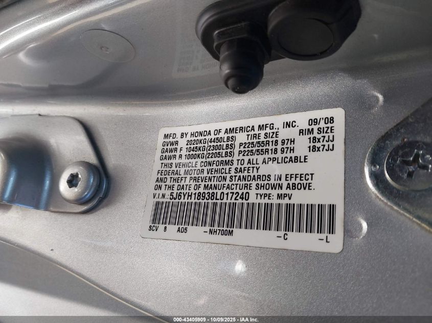 2008 Honda Element Sc VIN: 5J6YH18938L017240 Lot: 43405909