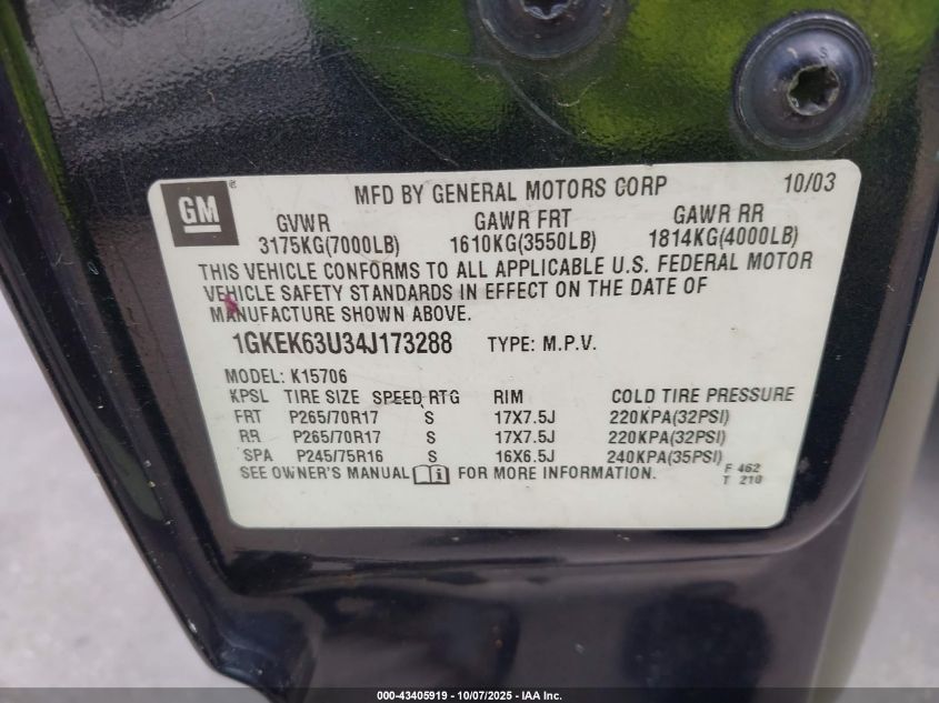 2004 GMC Yukon Denali VIN: 1GKEK63U34J173288 Lot: 43405919