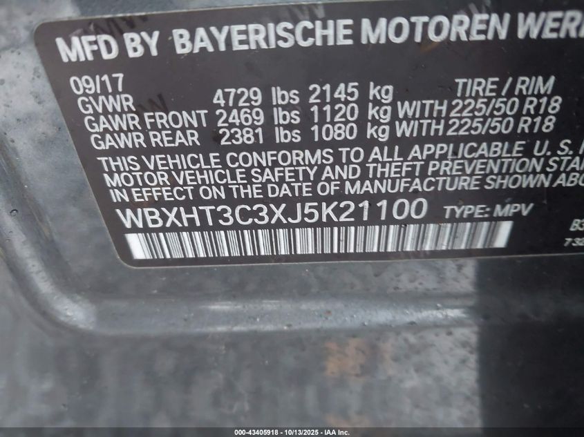 2018 BMW X1 xDrive28I VIN: WBXHT3C3XJ5K21100 Lot: 43405918