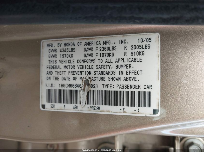 2006 Honda Accord 3.0 Ex VIN: 1HGCM66846A013923 Lot: 43405920