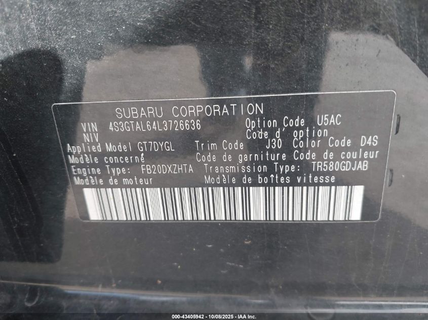 2020 Subaru Impreza Sport 5-Door VIN: 4S3GTAL64L3726636 Lot: 43405942