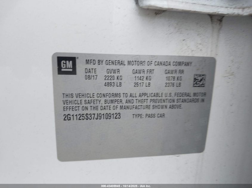 2018 Chevrolet Impala 2Lz VIN: 2G1125S37J9109123 Lot: 43405945