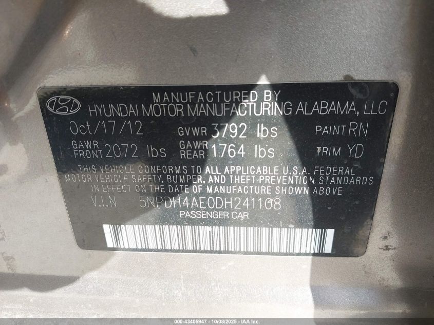 2013 Hyundai Elantra Gls VIN: 5NPDH4AE0DH241108 Lot: 43405947