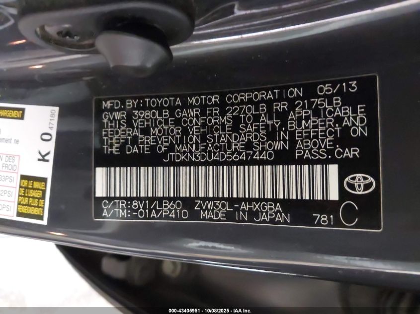 2013 Toyota Prius Five VIN: JTDKN3DU4D5647440 Lot: 43405951