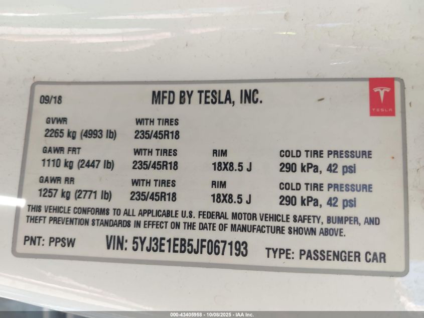 2018 Tesla Model 3 Long Range/Performance VIN: 5YJ3E1EB5JF067193 Lot: 43405958