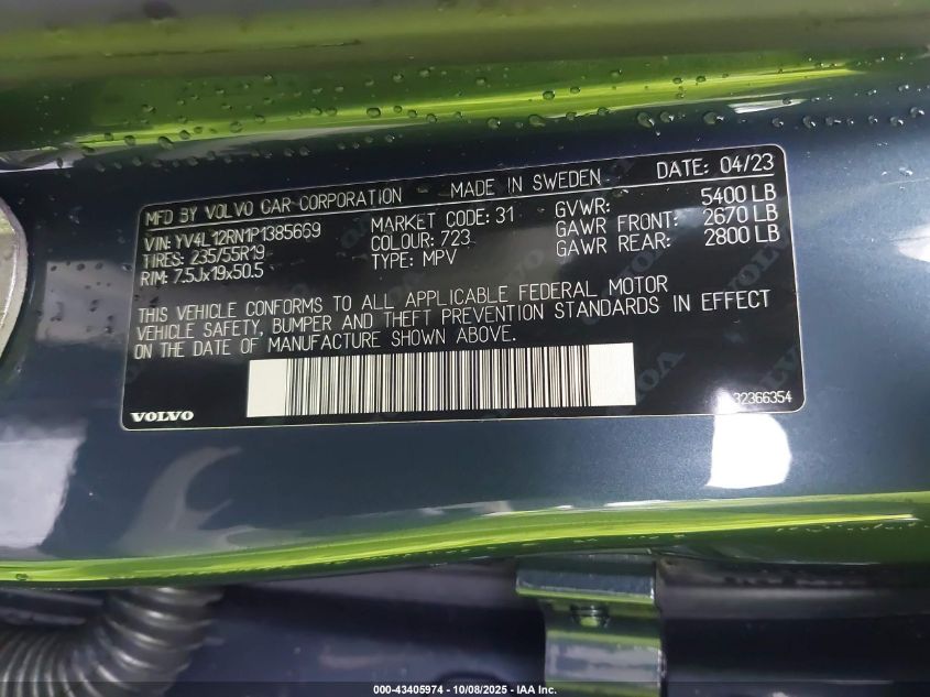 2023 Volvo Xc60 B5 Plus Bright Theme VIN: YV4L12RN1P1385669 Lot: 43405974