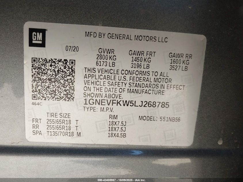 2020 Chevrolet Traverse Awd Ls VIN: 1GNEVFKW5LJ268785 Lot: 43405987