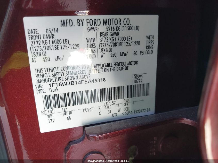 2015 Ford F-350 Lariat VIN: 1FT8W3BT4FEA45318 Lot: 43405990