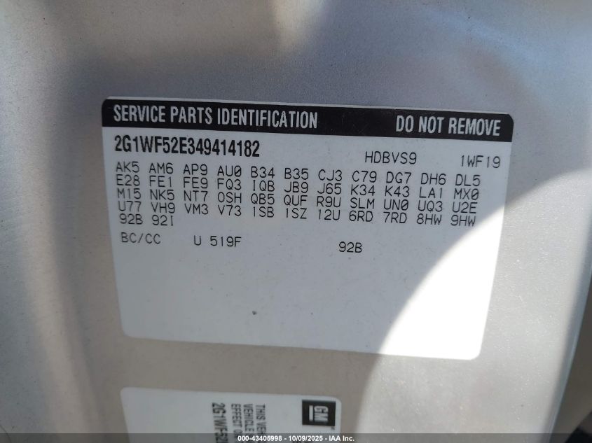 2004 Chevrolet Impala VIN: 2G1WF52E349414182 Lot: 43405998