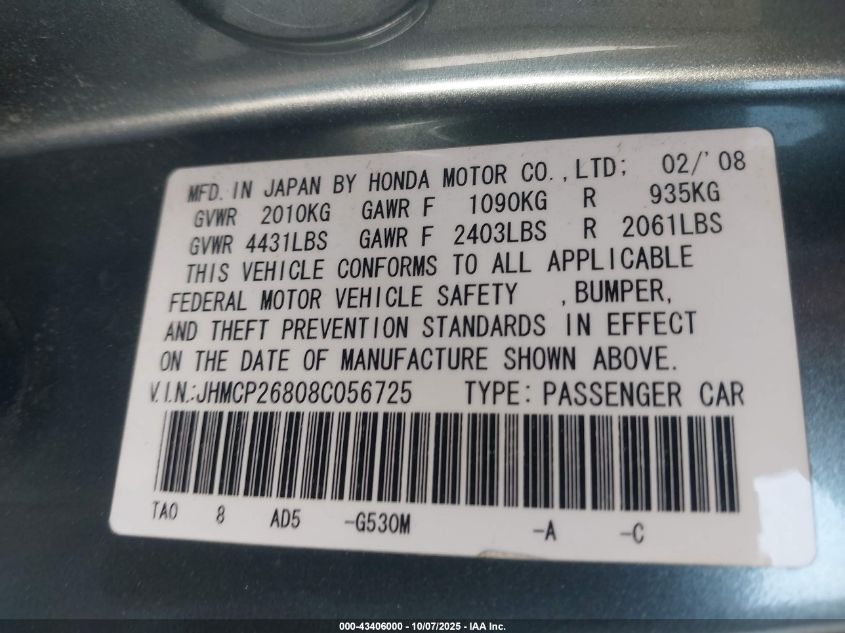 2008 Honda Accord 2.4 Ex-L VIN: JHMCP26808C056725 Lot: 43406000