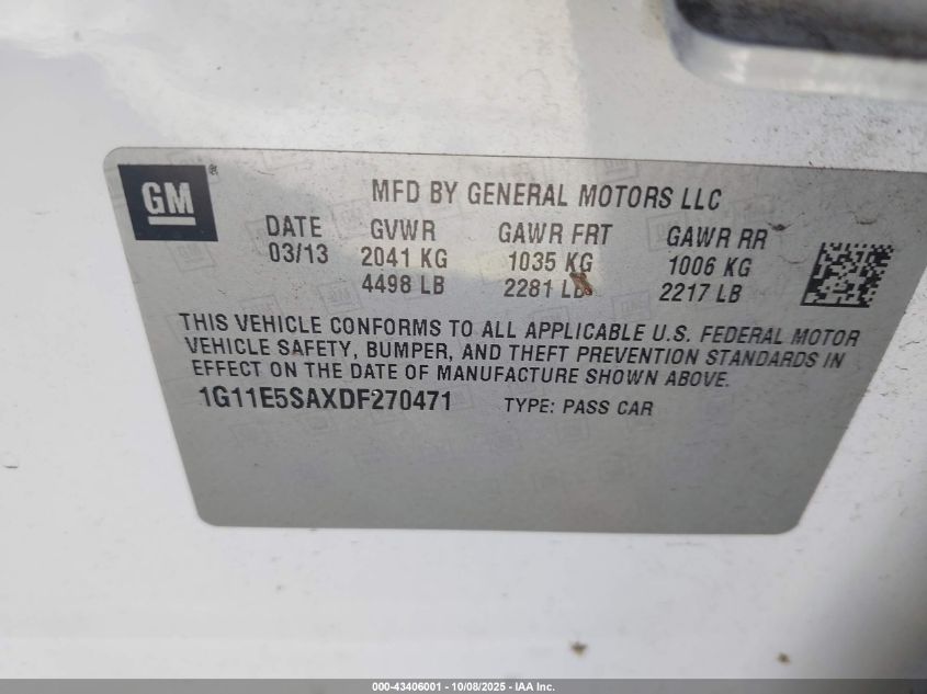 2013 Chevrolet Malibu 2Lt VIN: 1G11E5SAXDF270471 Lot: 43406001