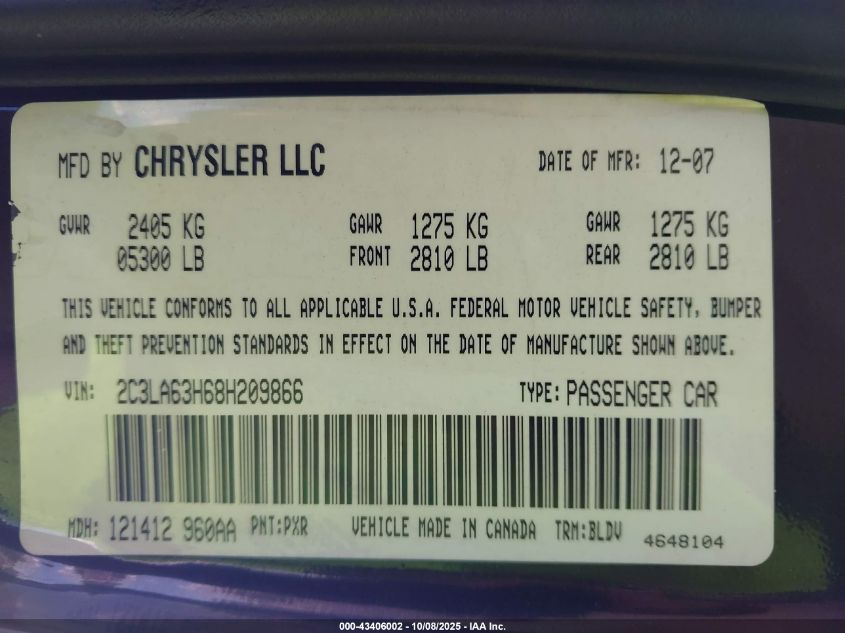 2008 Chrysler 300C Hemi VIN: 2C3LA63H68H209866 Lot: 43406002