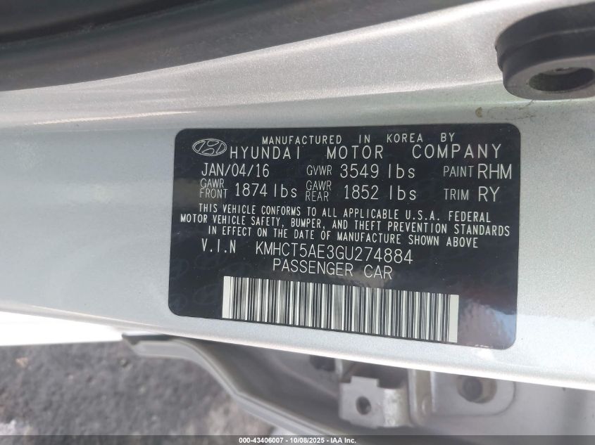2016 Hyundai Accent Se VIN: KMHCT5AE3GU274884 Lot: 43406007