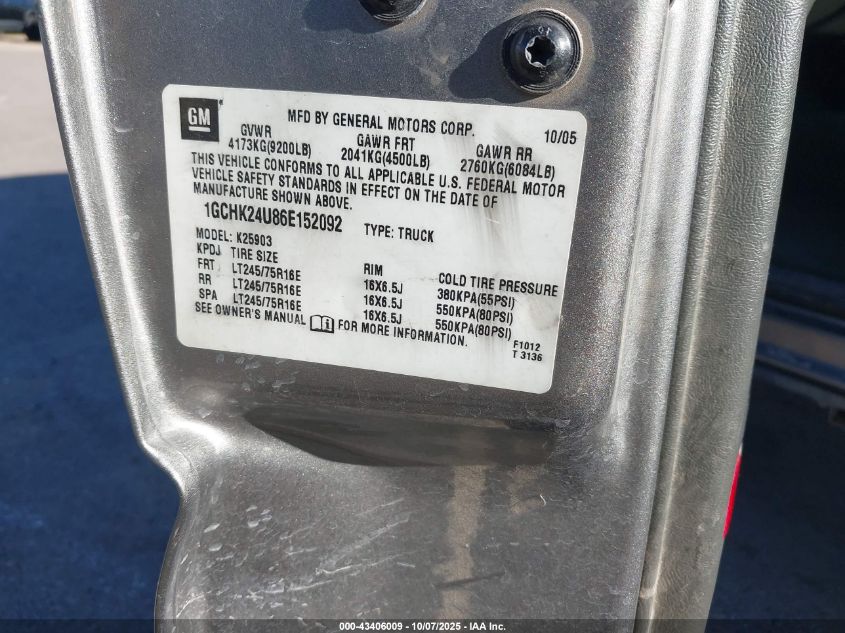 2006 Chevrolet Silverado 2500Hd Lt1 VIN: 1GCHK24U86E152092 Lot: 43406009