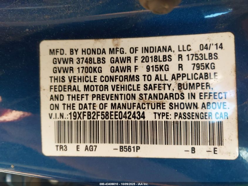 2014 Honda Civic Lx VIN: 19XFB2F58EE042434 Lot: 43406010