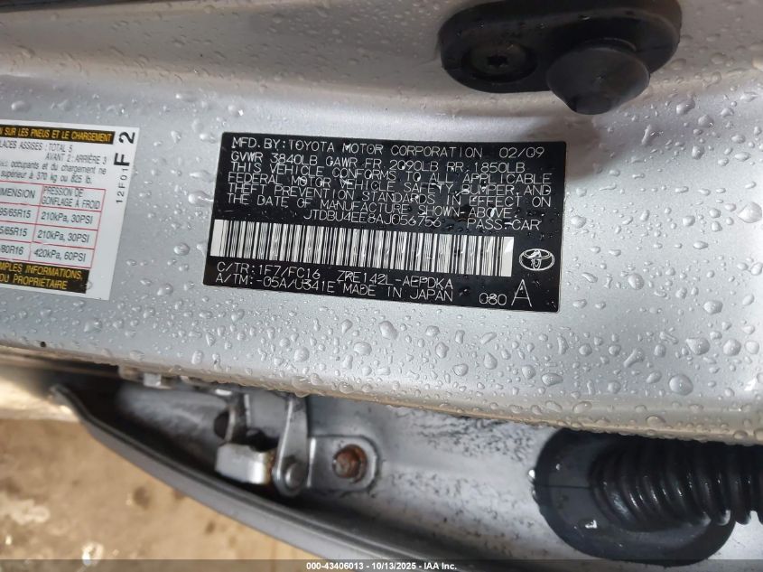 2010 Toyota Corolla Le VIN: JTDBU4EE8AJ056756 Lot: 43406013