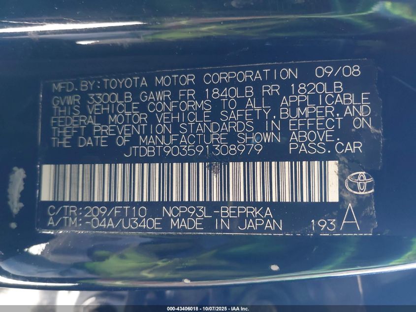 2009 Toyota Yaris S VIN: JTDBT903591308979 Lot: 43406018