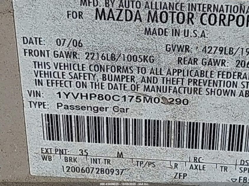 2007 Mazda Mazda6 I Sport Ve VIN: 1YVHP80C175M03290 Lot: 43406025