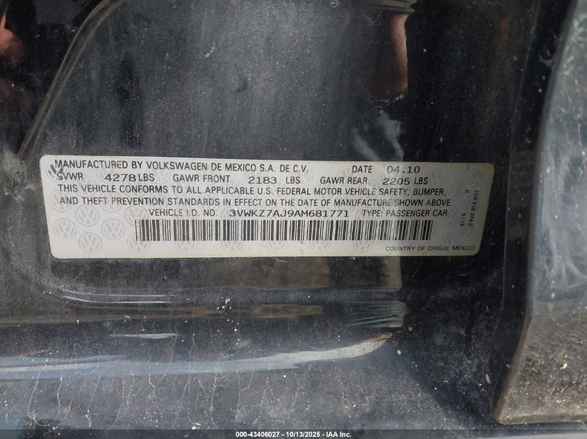 2010 Volkswagen Jetta S VIN: 3VWKZ7AJ9AM681771 Lot: 43406027