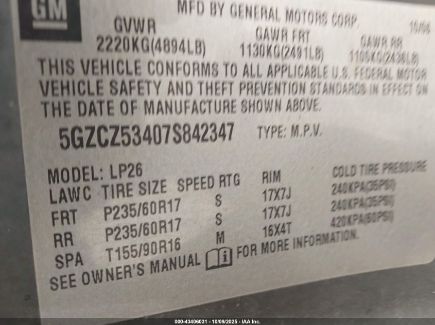 2007 Saturn Vue V6 VIN: 5GZCZ53407S842347 Lot: 43406031