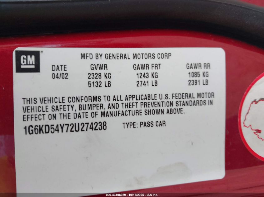 2002 Cadillac Deville VIN: 1G6KD54Y72U274238 Lot: 43406029