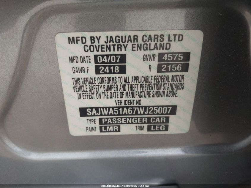 2007 Jaguar X-Type 3.0 VIN: SAJWA51A67WJ25007 Lot: 43406044