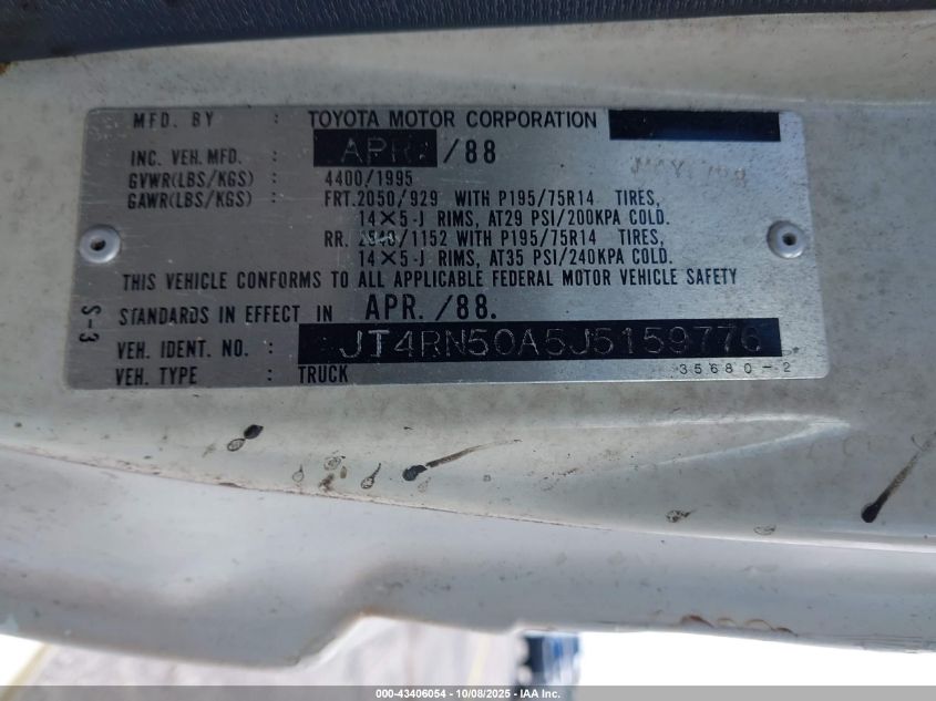 1988 Toyota Pickup 1/2 Ton Rn50 VIN: JT4RN50A5J5159776 Lot: 43406054