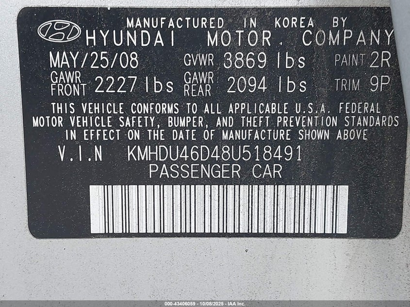 2008 Hyundai Elantra Gls/Se VIN: KMHDU46D48U518491 Lot: 43406059