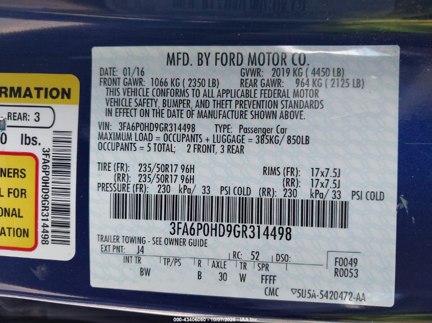 2016 Ford Fusion Se VIN: 3FA6P0HD9GR314498 Lot: 43406060