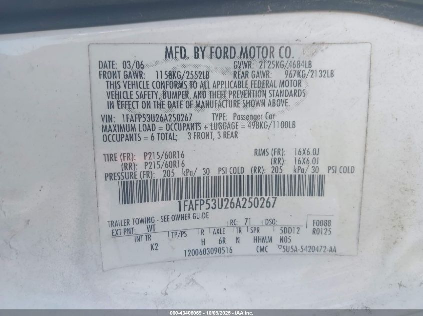 2006 Ford Taurus Se VIN: 1FAFP53U26A250267 Lot: 43406069