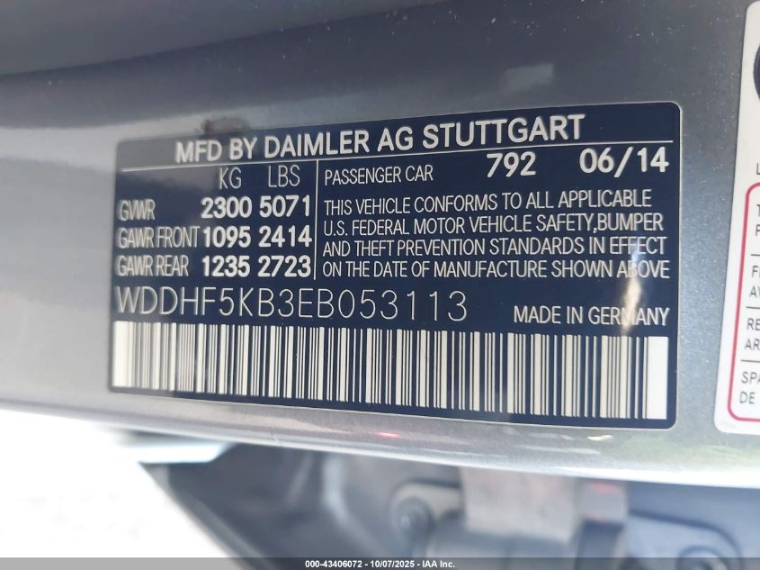 2014 Mercedes-Benz E 350 VIN: WDDHF5KB3EB053113 Lot: 43406072