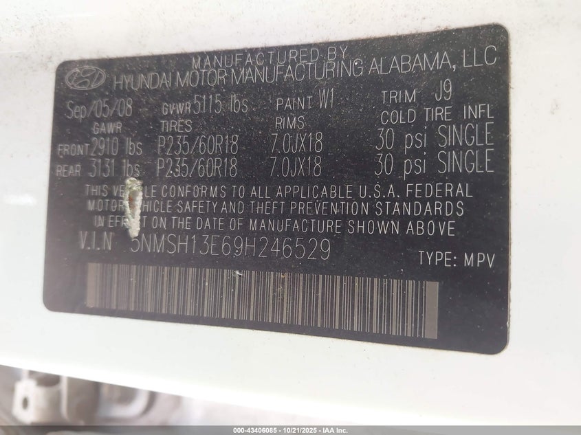 5NMSH13E69H246529 2009 HYUNDAI SANTA FE photo no. 9