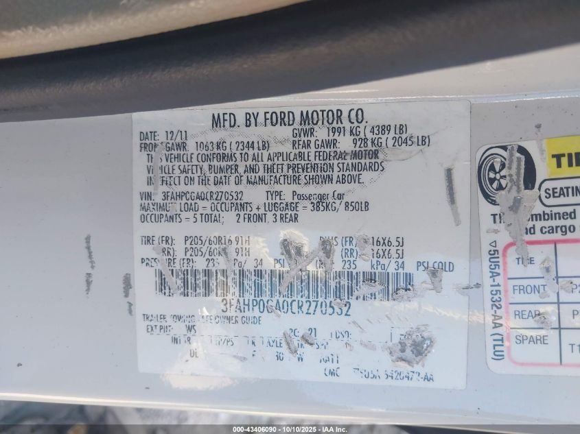 2012 Ford Fusion S VIN: 3FAHP0GA0CR270532 Lot: 43406090