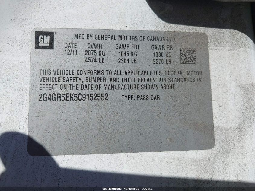 2012 Buick Regal VIN: 2G4GR5EK5C9152552 Lot: 43406092