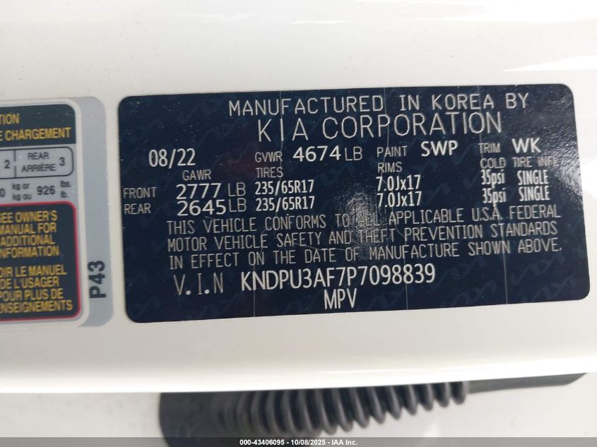 2023 Kia Sportage Lx VIN: KNDPU3AF7P7098839 Lot: 43406095