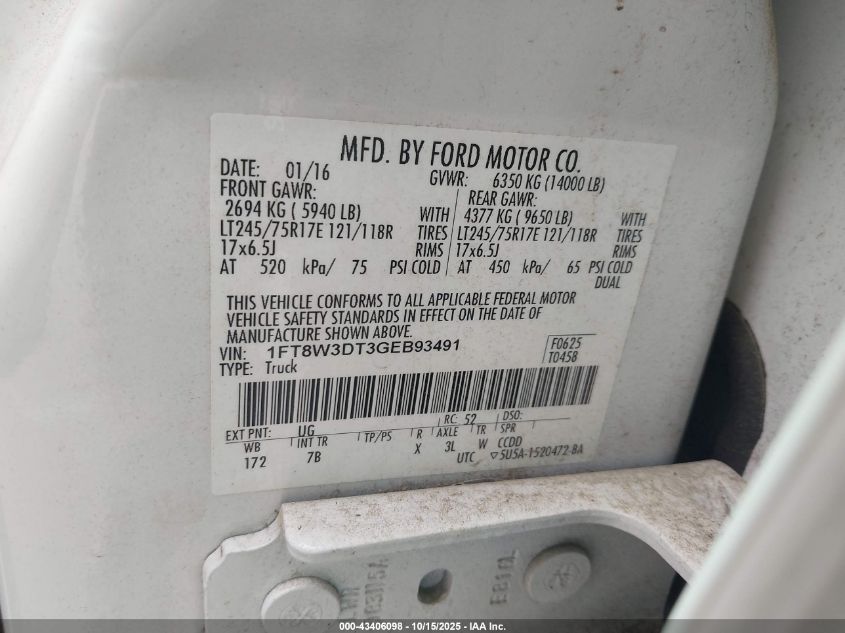 2016 Ford F-350 Lariat VIN: 1FT8W3DT3GEB93491 Lot: 43406098