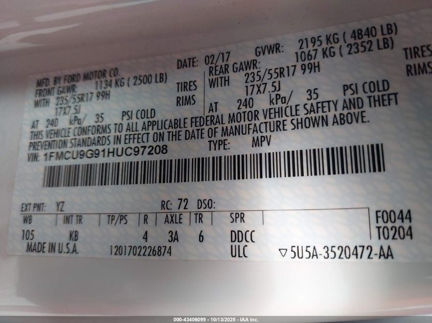 2017 Ford Escape Se VIN: 1FMCU9G91HUC97208 Lot: 43406099