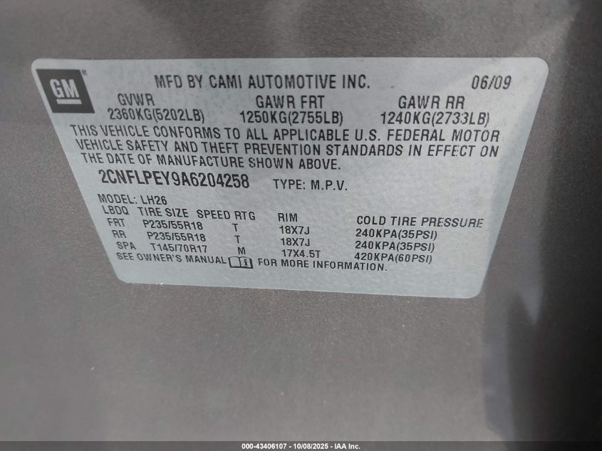 2010 Chevrolet Equinox Lt VIN: 2CNFLPEY9A6204258 Lot: 43406107