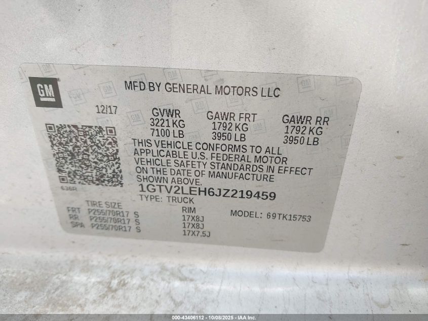 2018 GMC Sierra 1500 VIN: 1GTV2LEH6JZ219459 Lot: 43406112