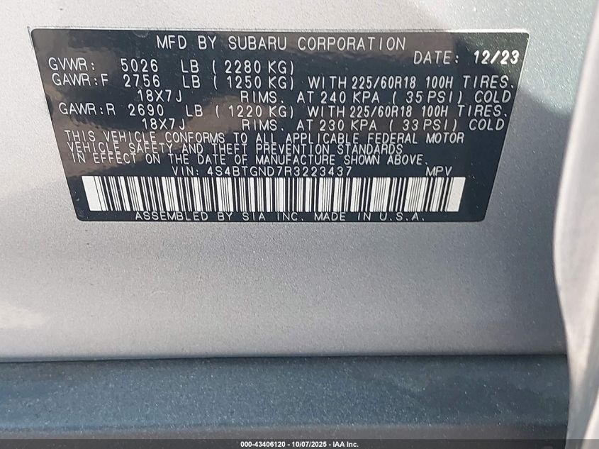 2024 Subaru Outback Limited Xt VIN: 4S4BTGND7R3223437 Lot: 43406120