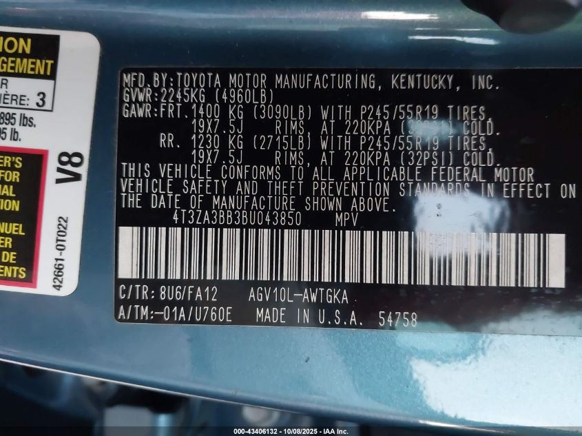 2011 Toyota Venza VIN: 4T3ZA3BB3BU043850 Lot: 43406132